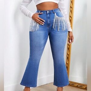 Plus High Waist Fringe Trim Flare Leg Jeans